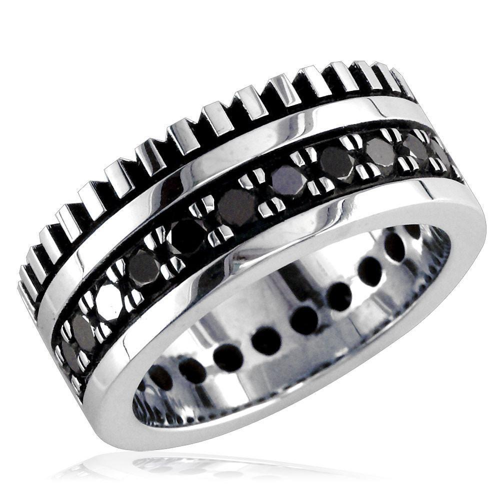 Mens Wide Band with Black Diamonds, 2.15CT in 14K White Gold