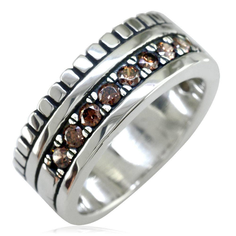 Wide Mens Ring, 9mm in Sterling Silver and Brown Cubic Zirconias Halfway
