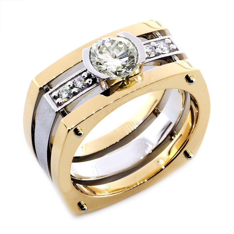 Mens Diamond Ring Setting for a 1.5CT Round, 4 Diamonds, 0.20CT in 14k Two Tone Gold