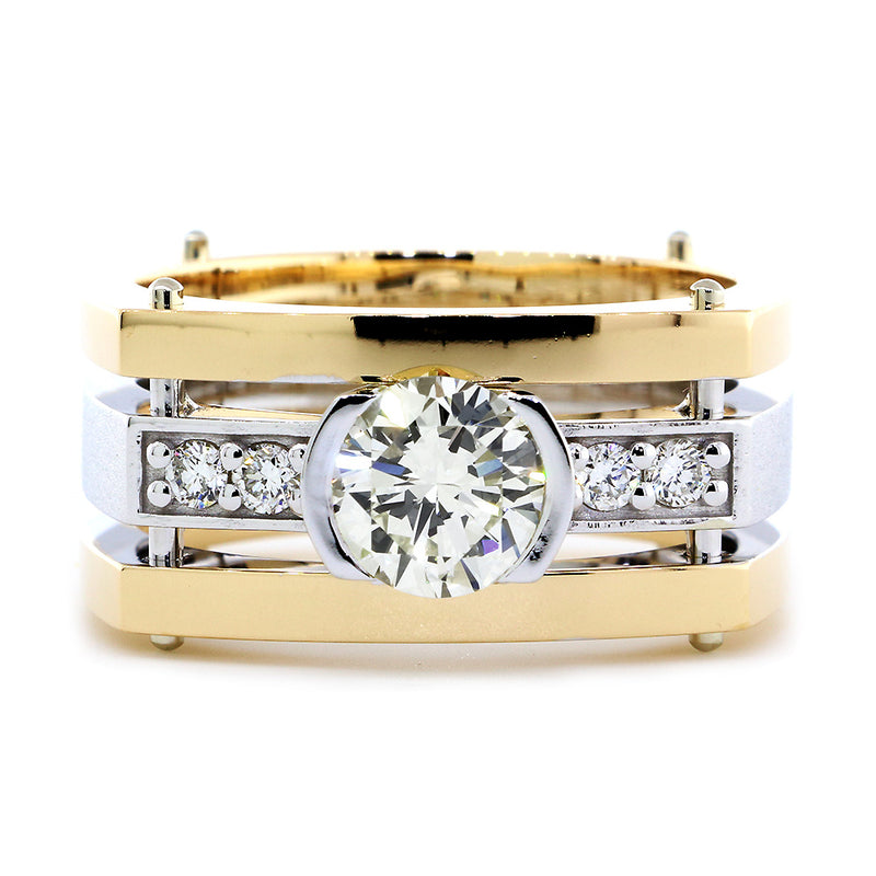 Mens Diamond Ring Setting for a 1.5CT Round, 4 Diamonds, 0.20CT in 14k Two Tone Gold
