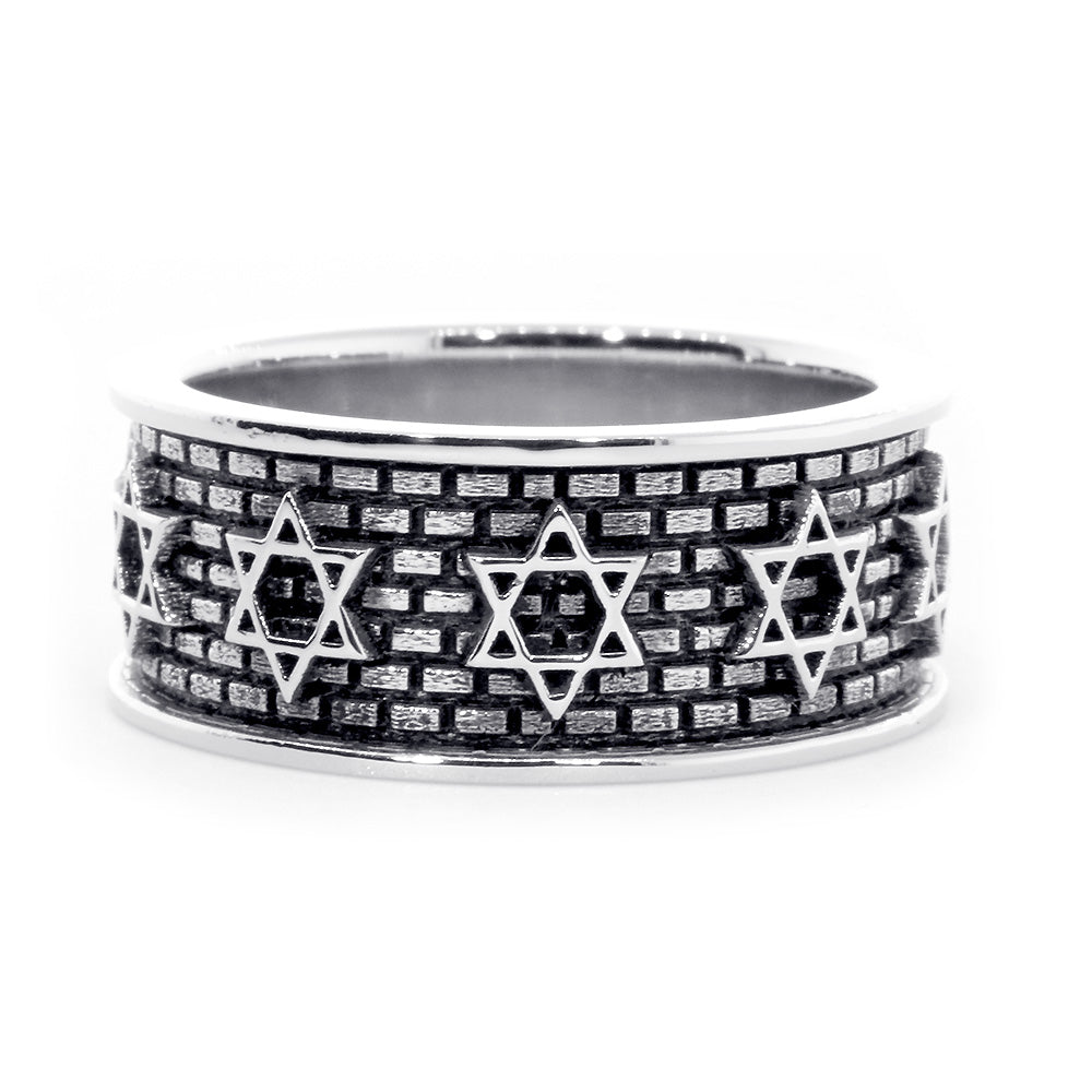 Jewish Star Of David and Brick Wall Ring with Black in 14K White Gold