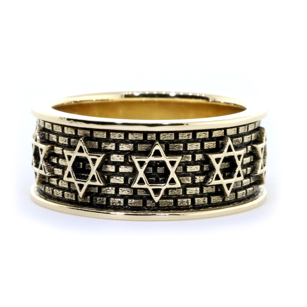 Jewish Star Of David and Brick Wall Ring with Black in 14K Yellow Gold