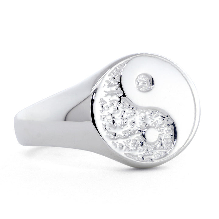 Solid Yin Yang Ring with a Border, 13mm in 14k White Gold