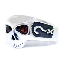 Sterling Silver Mens Skull Ring with Garnet Eyes, Question Mark X and 3 in Sterling Silver