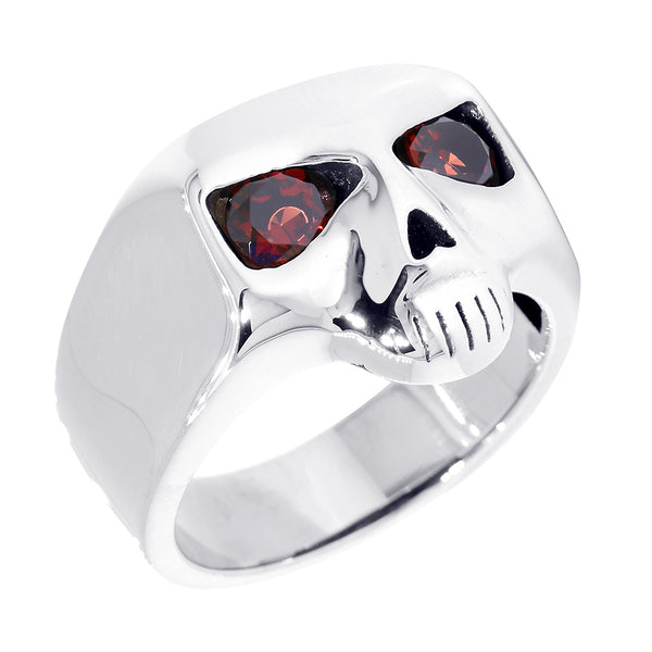 Sterling Silver Mens Skull Ring with Garnet Eyes in Sterling Silver