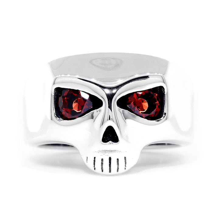 Sterling Silver Mens Skull Ring with Garnet Eyes in Sterling Silver