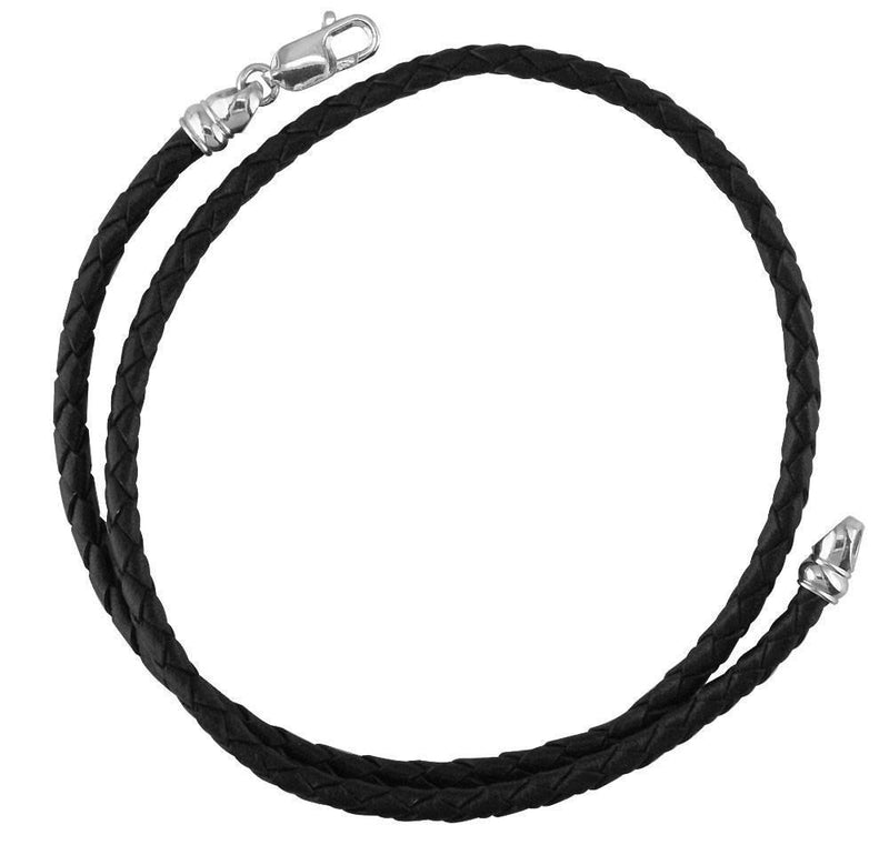 Black Braided Leather and Sterling Silver Necklace, 22.5 Inches