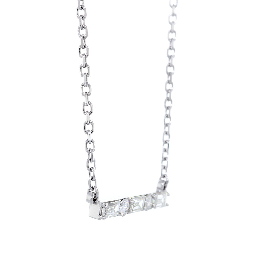 Diamond Bar Necklace, Rounds and Baguettes, 0.92CT, 16 Inches in 14K White Gold