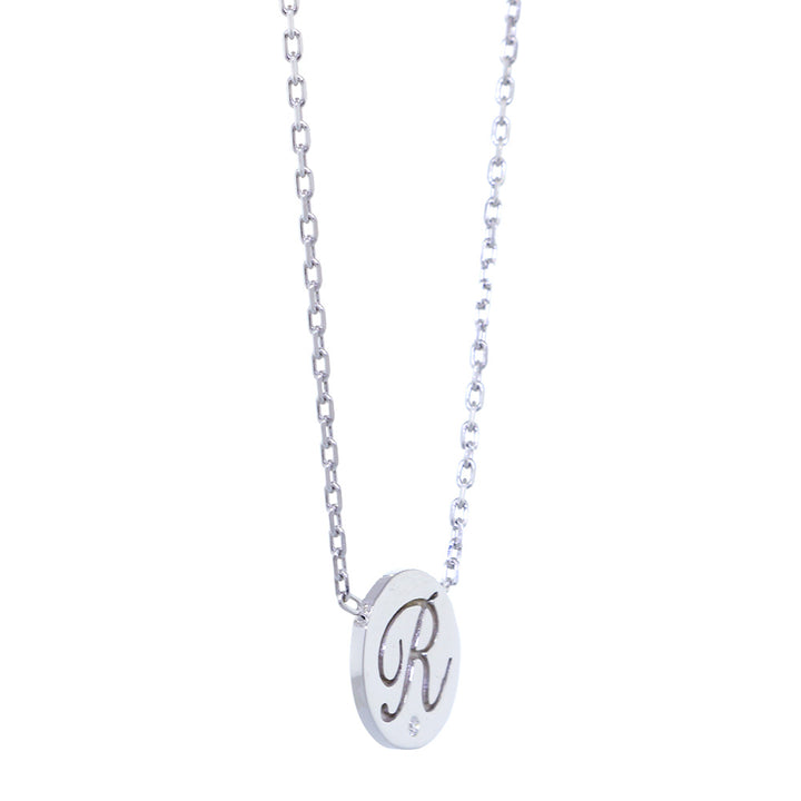 Personalized Initial Disc Necklace, 0.01CT Diamond, Bottom Center, 18 Inch in 14K White Gold