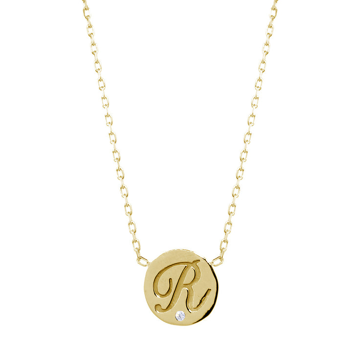 Personalized Initial Disc Necklace, 0.01CT Diamond, Bottom Center, 18 Inch in 14K Yellow Gold
