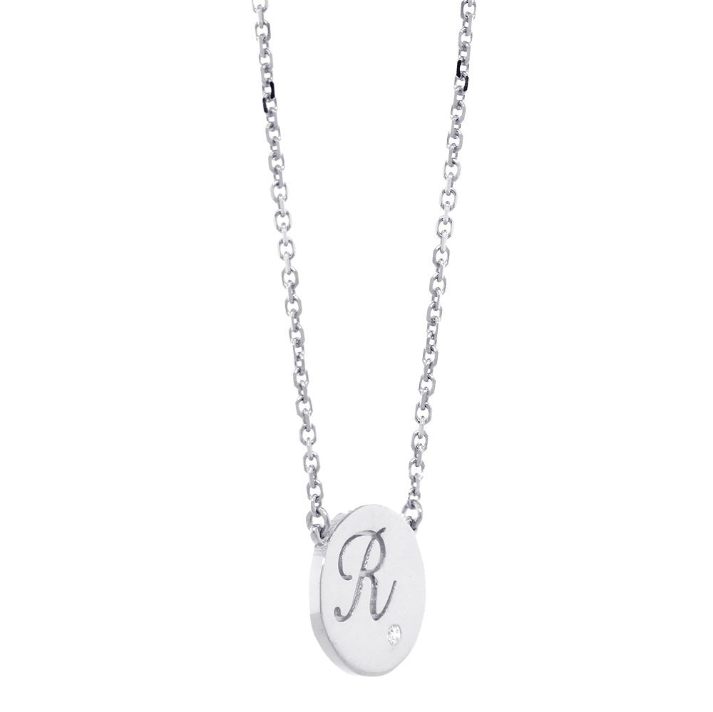 Personalized Initial Disc Necklace, 0.01CT Diamond, Bottom Right, 18 Inch in 14K White Gold