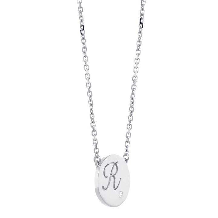 Personalized Initial Disc Necklace, 0.01CT Diamond, Bottom Right, 18 Inch in 14K White Gold
