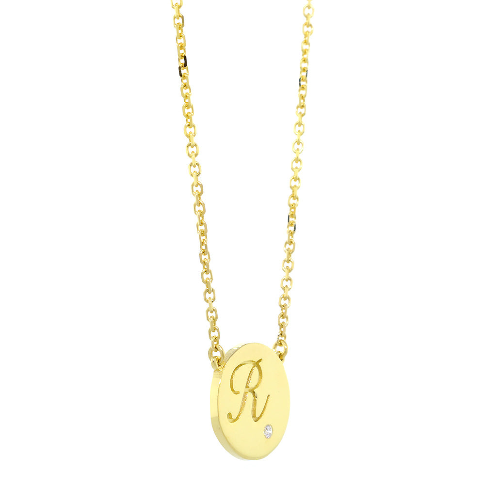 Personalized Initial Disc Necklace, 0.01CT Diamond, Bottom Right, 18 Inch in 14K Yellow Gold