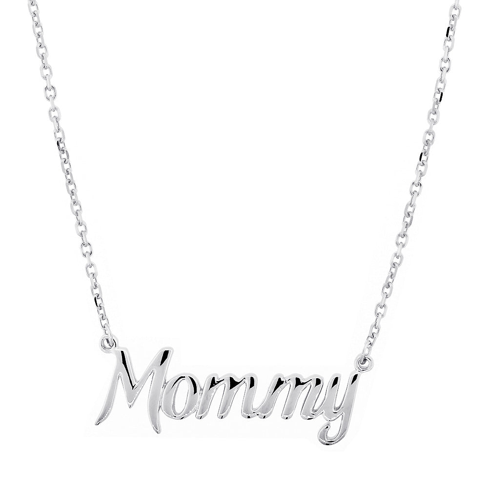 Script Mommy Nameplate Necklace in 14k White Gold