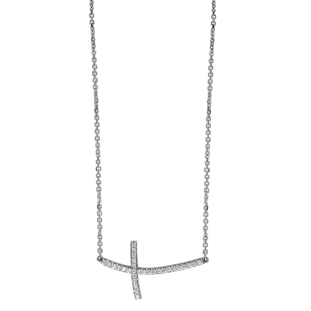 Diamond Curved Cross Necklace in 14K White Gold, 17"