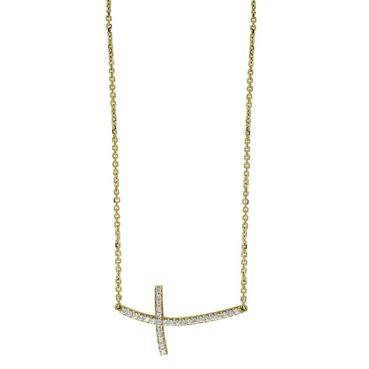 Diamond Curved Cross Necklace in 14K Yelloe Gold, 17"