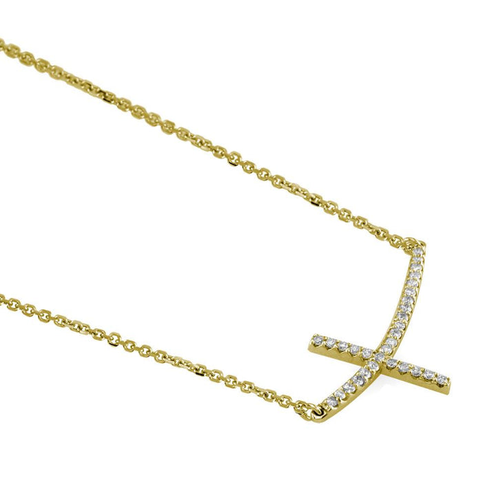 Diamond Curved Cross Necklace in 14K Yelloe Gold, 17"