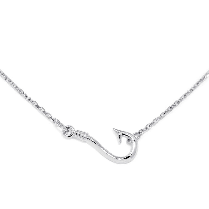 12mm Fishermans Barbed Hook and Knot Fishing Charm Necklace 17 Inches in Sterling Silver