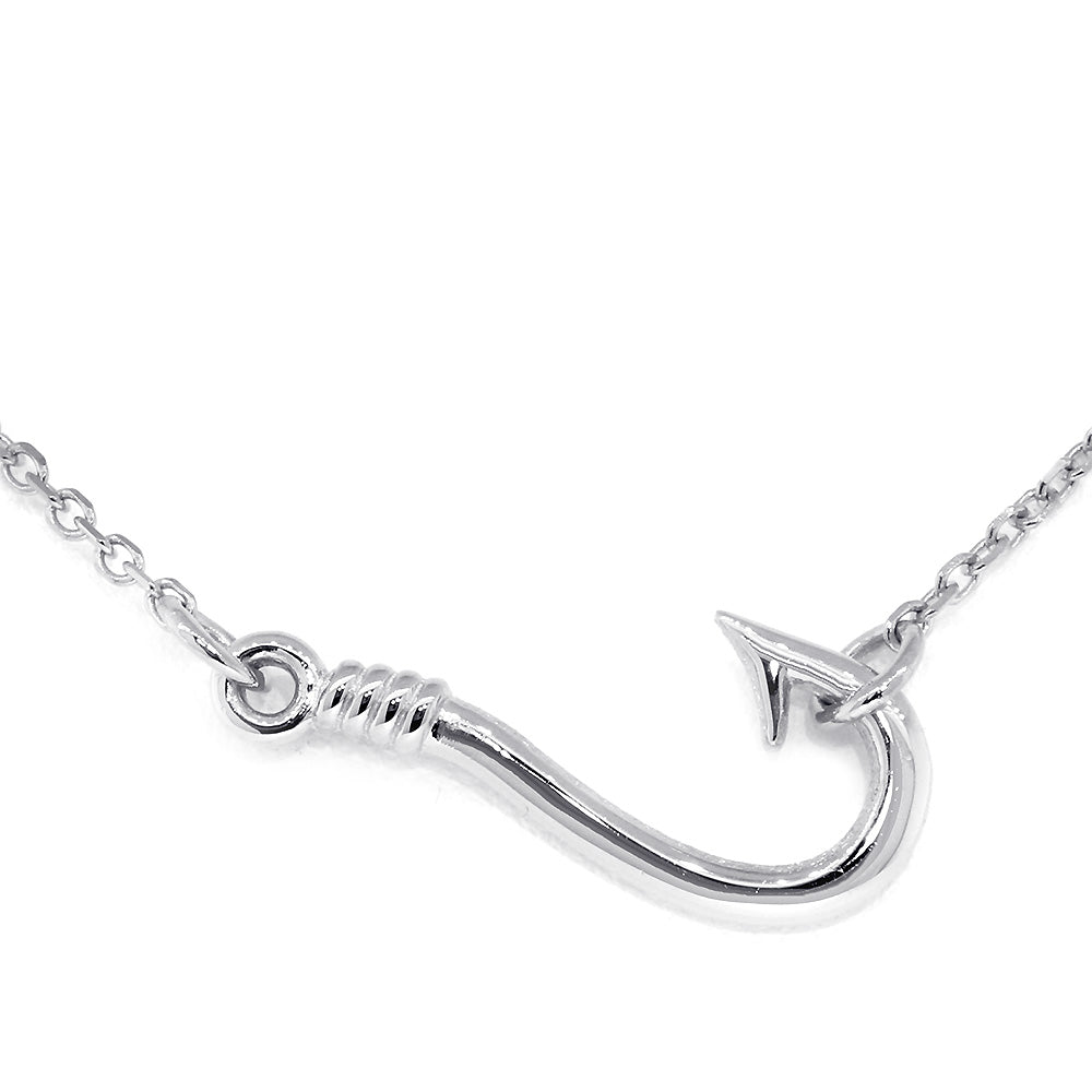 20mm Fishermans Barbed Hook and Knot Fishing Charm Necklace 17 Inches in Sterling Silver
