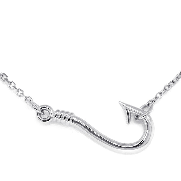 20mm Fishermans Barbed Hook and Knot Fishing Charm Necklace 17 Inches in 14k White Gold