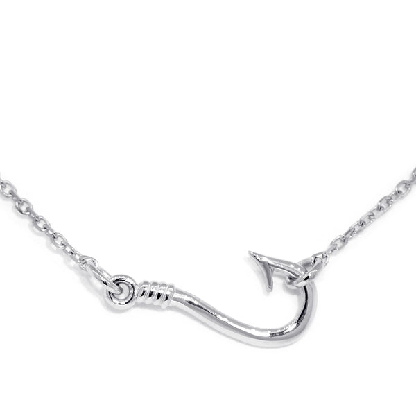16mm Fishermans Barbed Hook and Knot Fishing Charm Necklace 17 Inches in Sterling Silver
