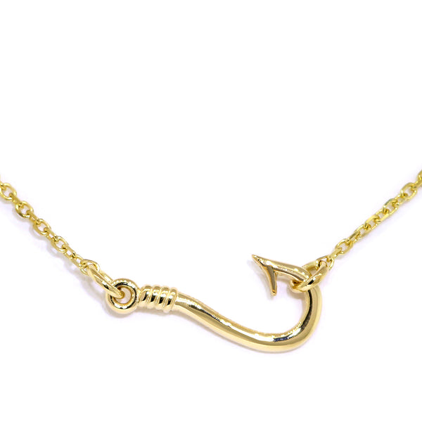 20mm Fishermans Barbed Hook and Knot Fishing Charm Necklace 17 Inches in 14k Yellow Gold