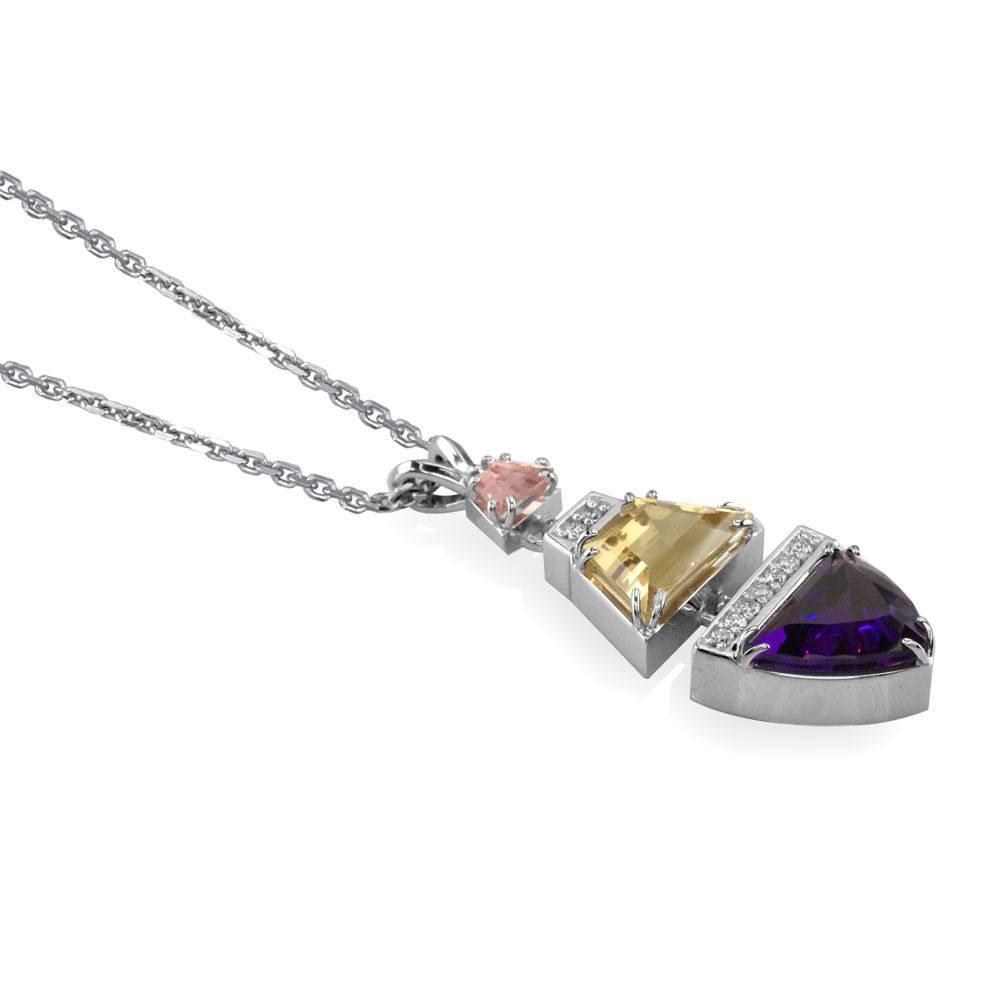Designer Diamond and Custom Cut Gemstones Pendant and 16" Chain in 14k White Gold