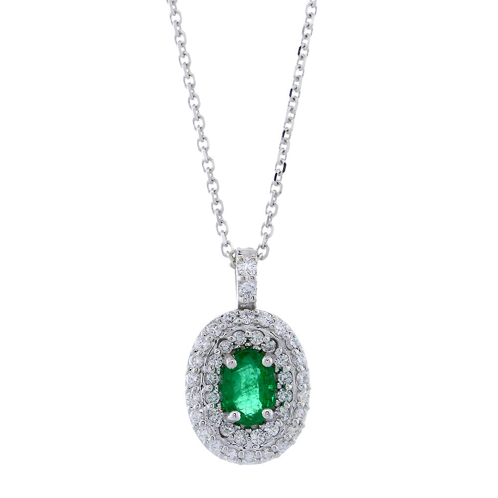 Oval Emerald and Diamond Pendant and Chain, 0.50CT Emerald in 14k White Gold