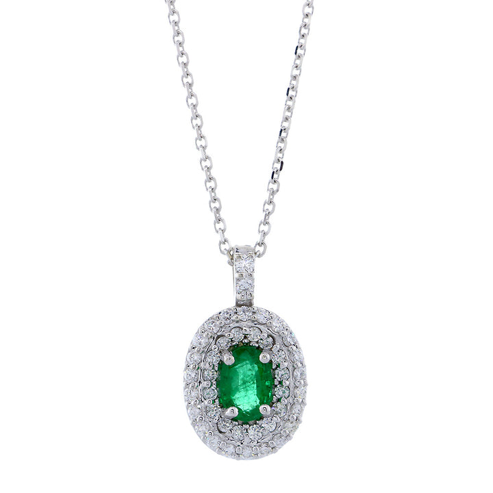 Oval Emerald and Diamond Pendant and Chain, 0.50CT Emerald in 14k White Gold