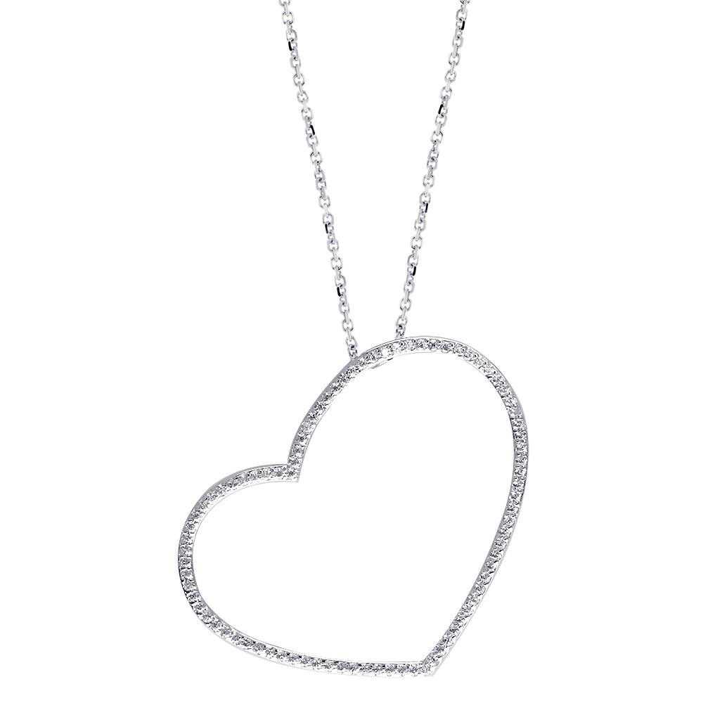 Extra Large Thin Open Heart Necklace with Cubic Zirconias in Sterling Silver