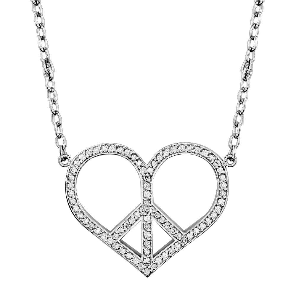 Large Diamond Heart Peace Sign Charm, 0.77CT, 1 1/4 Inch in 14K White Gold