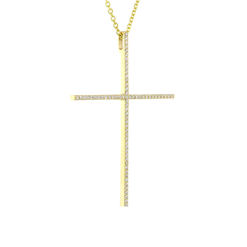 2.5 Inch Single Row Diamond Cross on 18 Inch Chain, 0.65 CT in 14K Yellow Gold