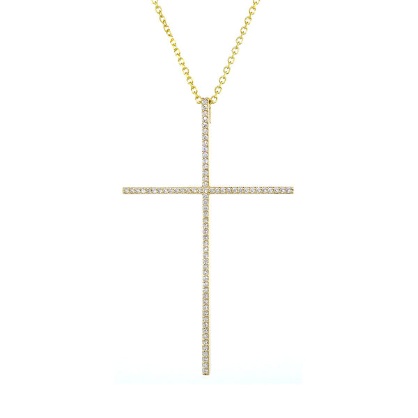 2.5 Inch Single Row Diamond Cross on 18 Inch Chain, 0.65 CT in 14K Yellow Gold