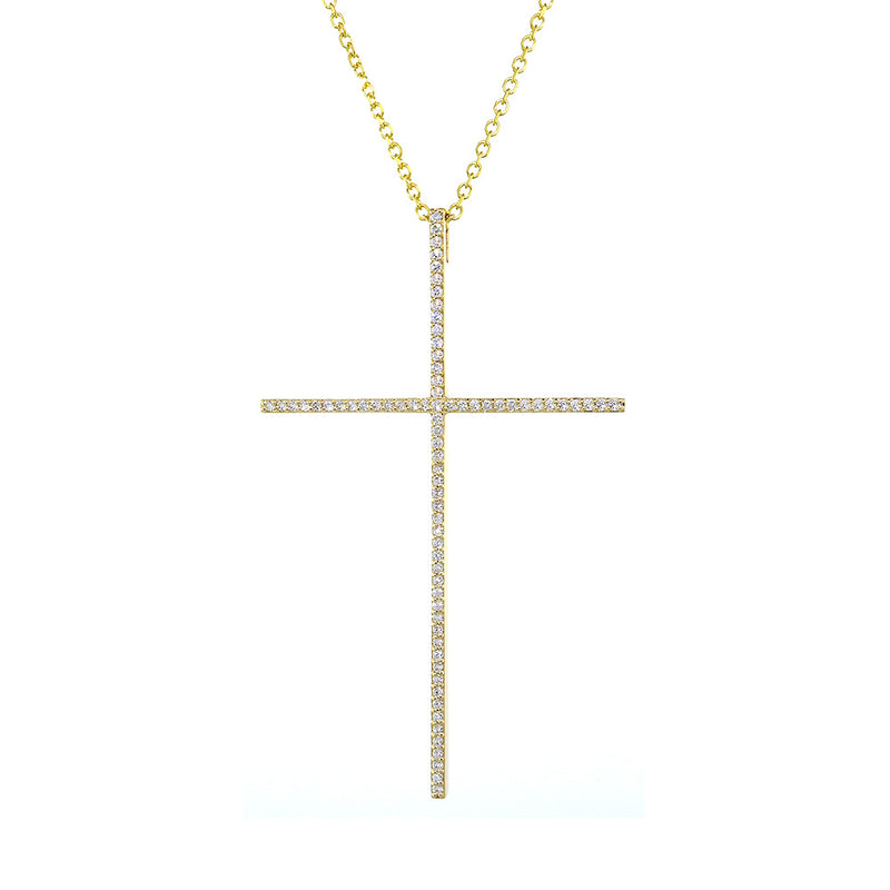 2.5 Inch Single Row Diamond Cross on 18 Inch Chain, 0.65 CT in 14K Yellow Gold