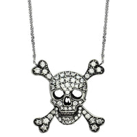 Medium Black Jolly Roger Skull and Crossbones Necklace With Cubic Zirconias in Sterling Silver