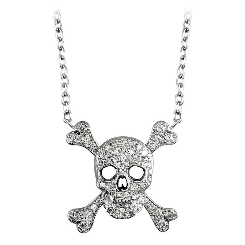 Medium Diamond Jolly Roger Skull and Crossbones Necklace in 14K White Gold