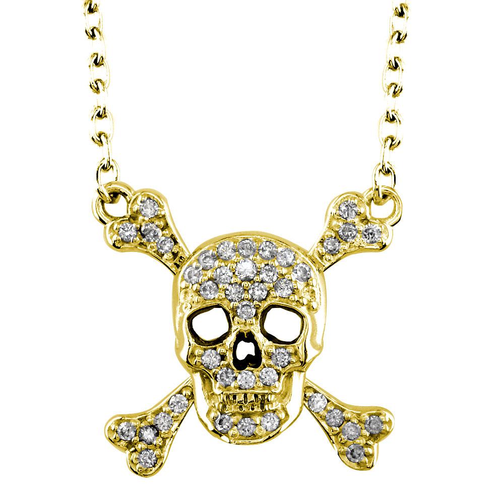 Medium Diamond Jolly Roger Skull and Crossbones Necklace in 14K Yellow Gold