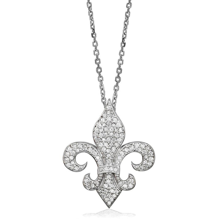 Large Diamond Fleur De Lis Pendant and Chain in 14K White Gold