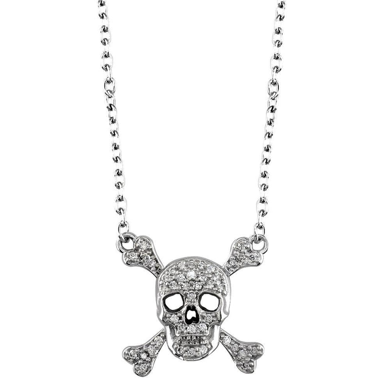 Small Diamond Jolly Roger Skull and Crossbones Necklace in 14K White Gold