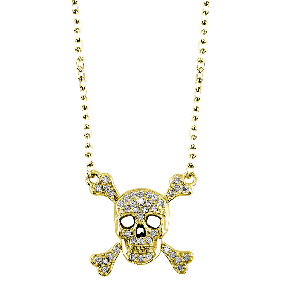 Small Diamond Jolly Roger Skull and Crossbones Necklace in 14K Yellow Gold