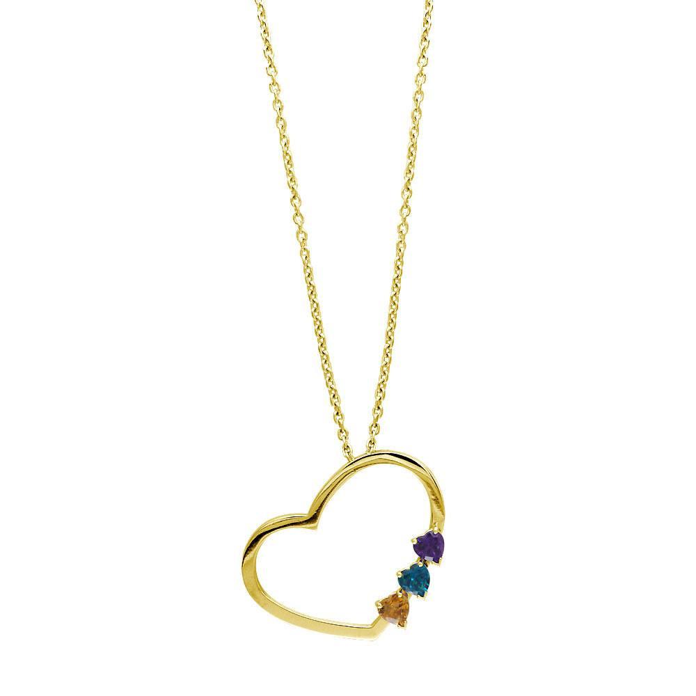 Open Heart Necklace with 3 Heart Shape Gemstones in 14K Yellow Gold