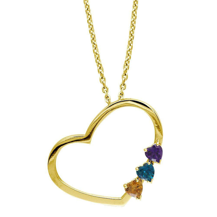 Open Heart Necklace with 3 Heart Shape Gemstones in 14K Yellow Gold