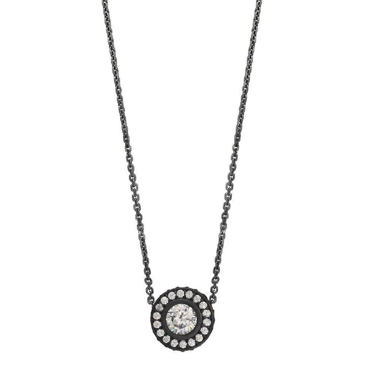 Cubic Zirconia Halo Pendant with Black and 16" Chain in Sterling Silver