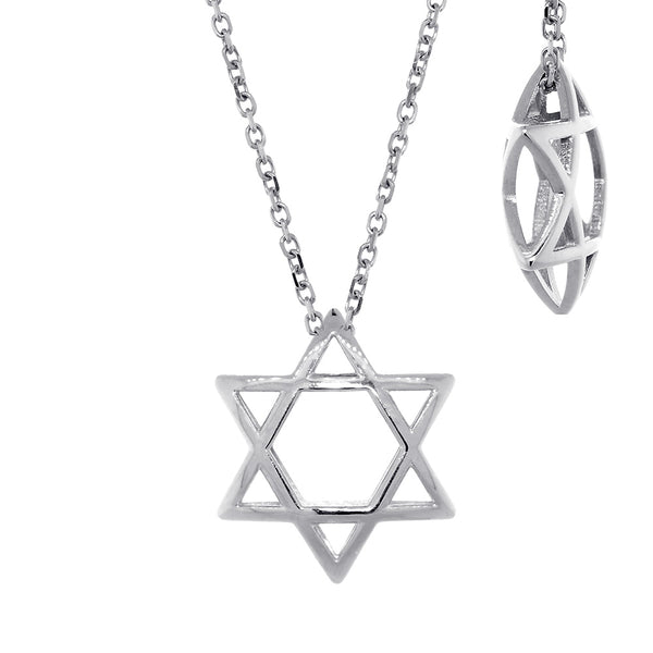 17mm 3D Open Domed Jewish Star of David Charm and 16 Inch Chain in 14k White Gold