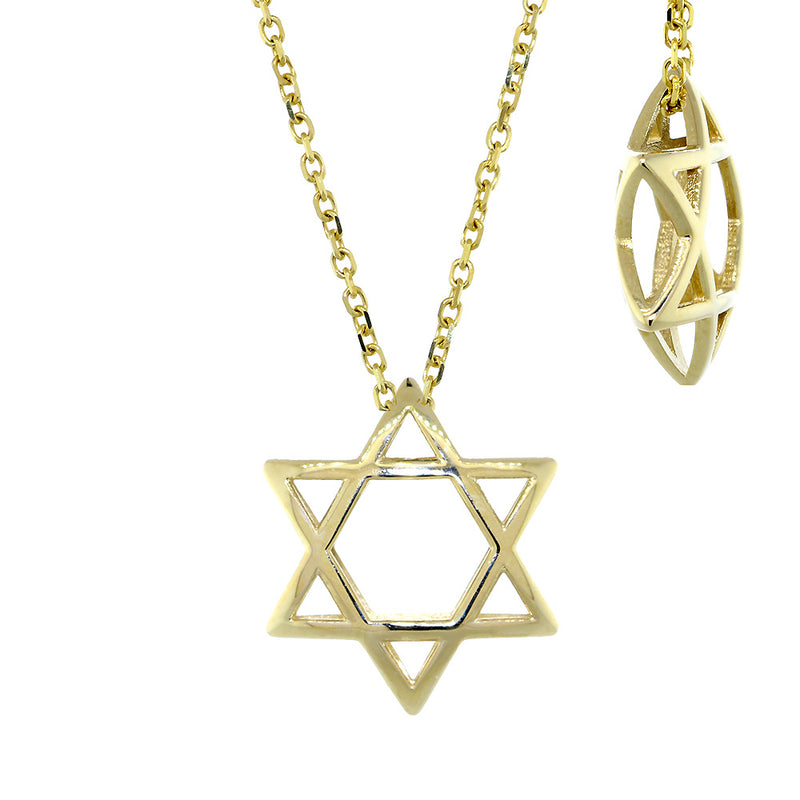 17mm 3D Open Domed Jewish Star of David Charm and 16 Inch Chain in 14k Yellow Gold