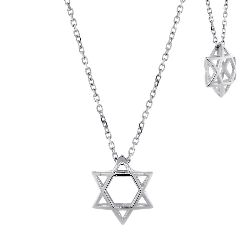 13mm 3D Open Domed Jewish Star of David Charm and 16 Inch Chain in 14k White Gold