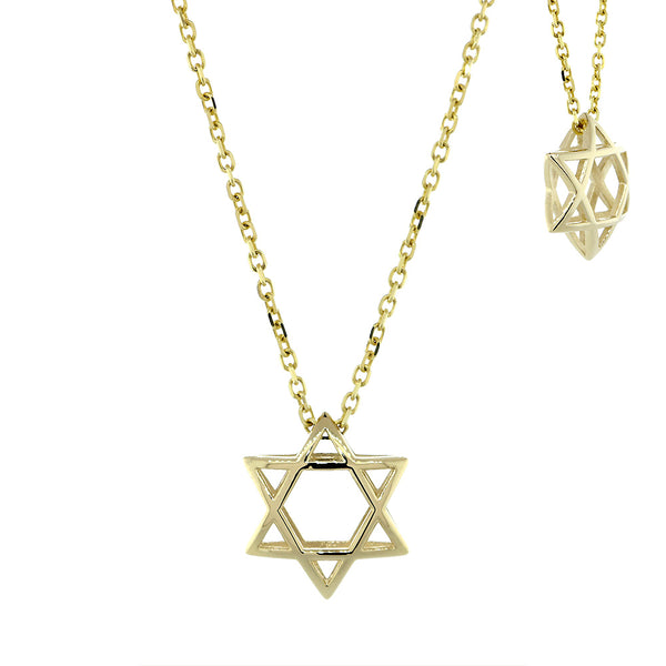 13mm 3D Open Domed Jewish Star of David Charm and 16 Inch Chain in 14k Yellow Gold