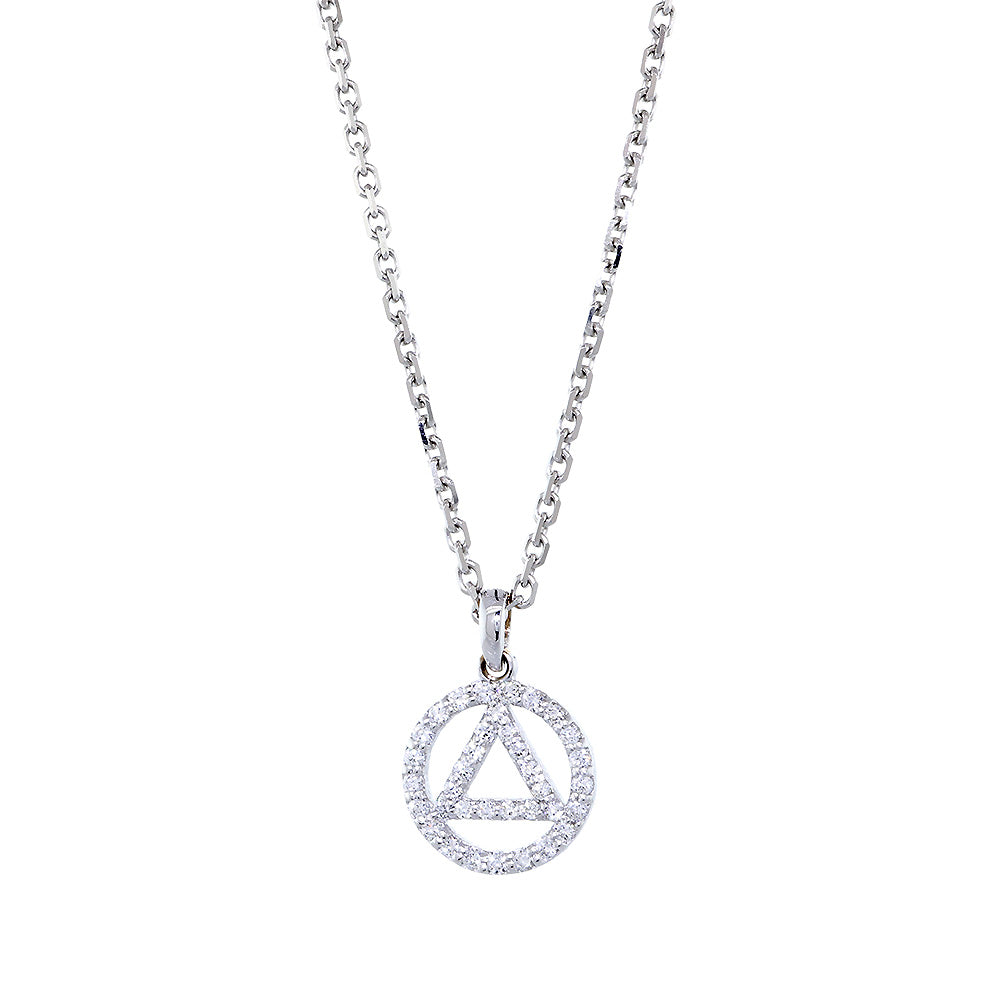10mm Alcoholics Anonymous AA Sobriety Pendant and Chain, 0.20CT, 16 Inches in 14k White Gold