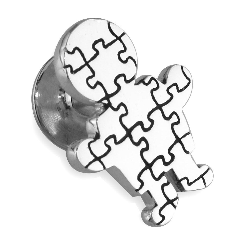 Large Autism Awareness Puzzle Boy Pin in Sterling Silver with Black