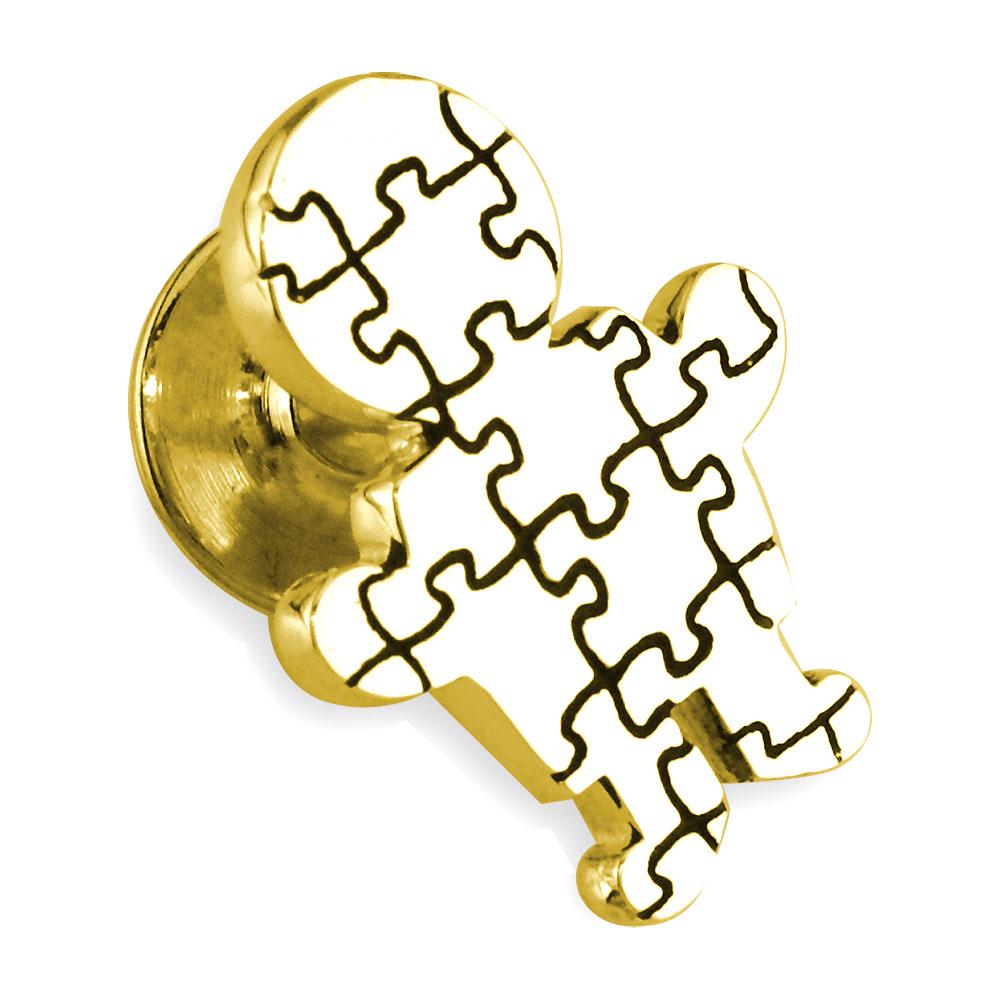 Large Autism Awareness Puzzle Boy Pin in 14k Yellow Gold with Black